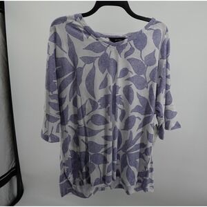 Ali Miles Womens Purple White‎ Leaf Print Linen Blend 3/4 Sleeve Top NWT Large